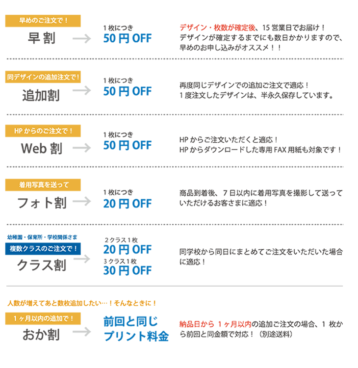 早割・追加割・Web割・フォト割・クラス割・おか割・・・など割引はいろいろ！！
